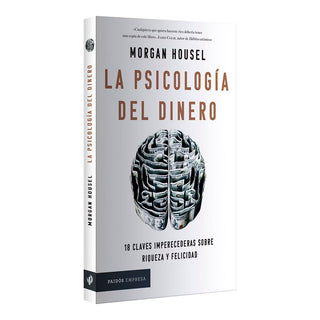 Book titled 'La Psicología del Dinero' by Morgan Housel with a brain illustration on the cover.