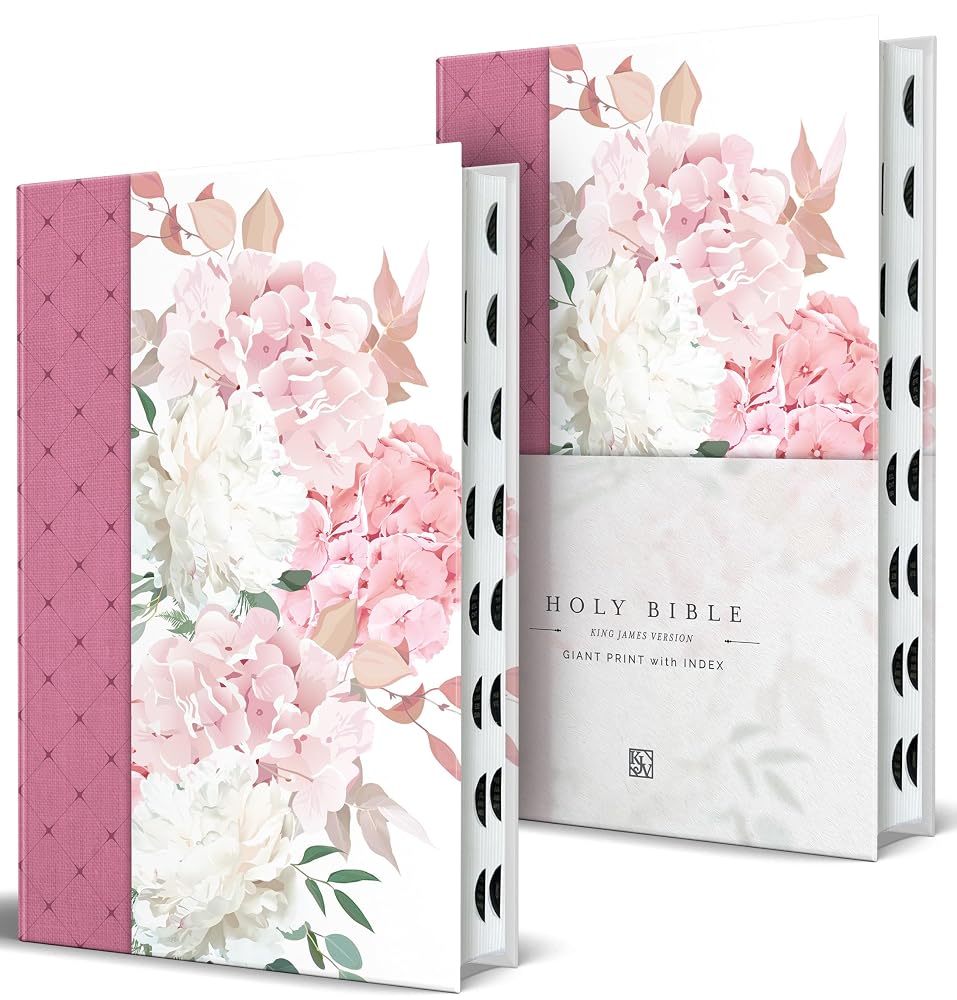 KJV Holy Bible, Giant Print Large Format, Hardcover pink floral design with cloth with Ribbon Marker, Red Letter, and Thumb Index cover image