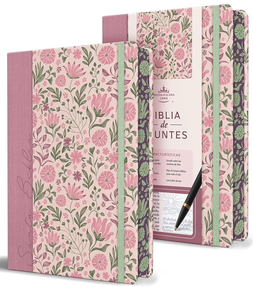 Biblia de Apuntes RVR 1960. Tapa dura, rosada con flores / Spanish Journalling Bible RVR 1960 Hardcover Pink with Flowers (Spanish Edition) cover image