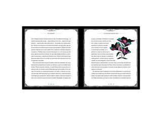 Open book with text on the left and a rose illustration on the right, on a white background.